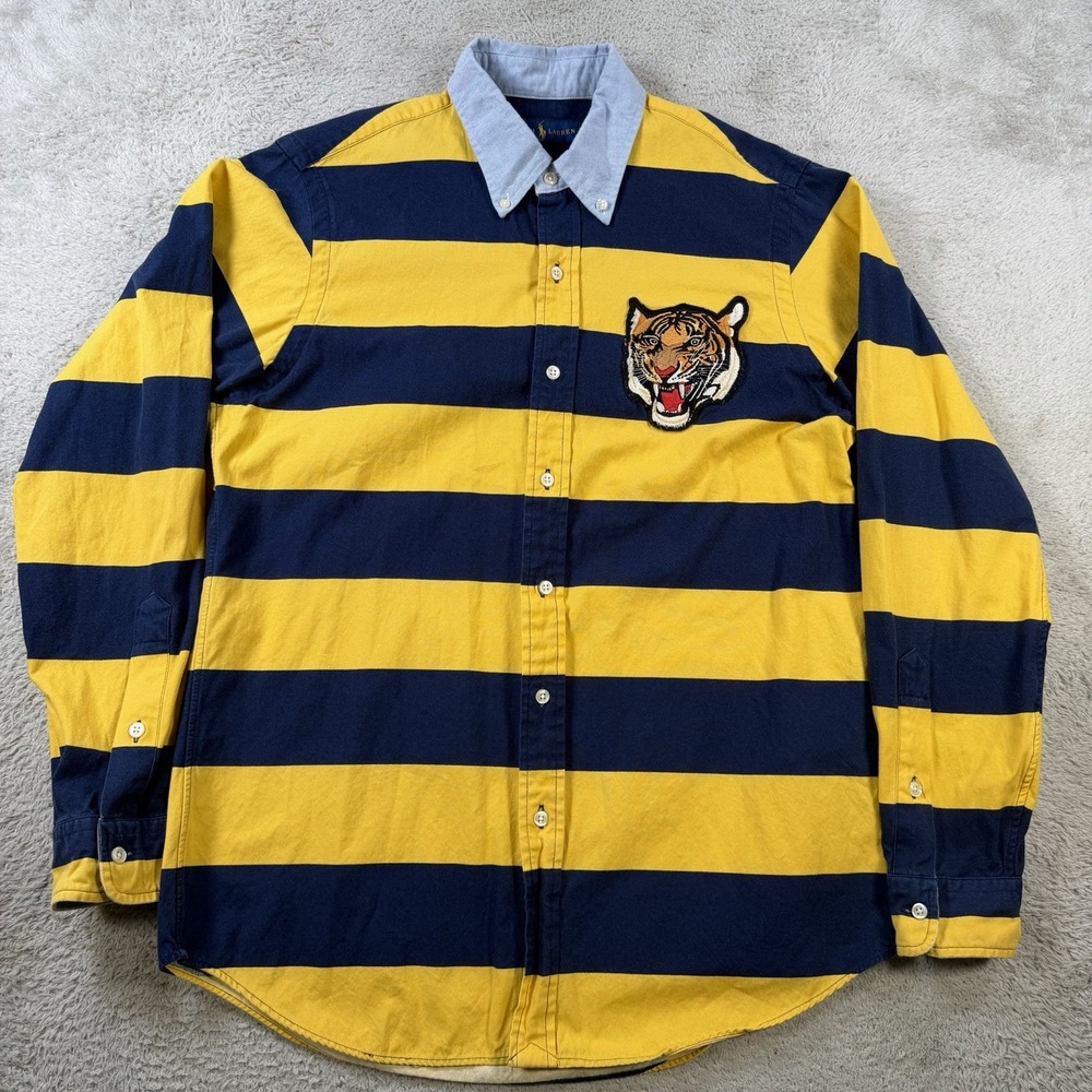 Polo Ralph Lauren Shirt Mens Medium Tiger Oxford Varsity Long Sleeve Striped